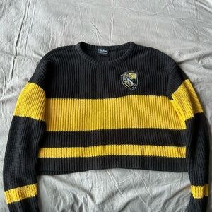 Harry Potter Hufflepuff Striped Cropped Crewneck Sweater in Black and Yellow